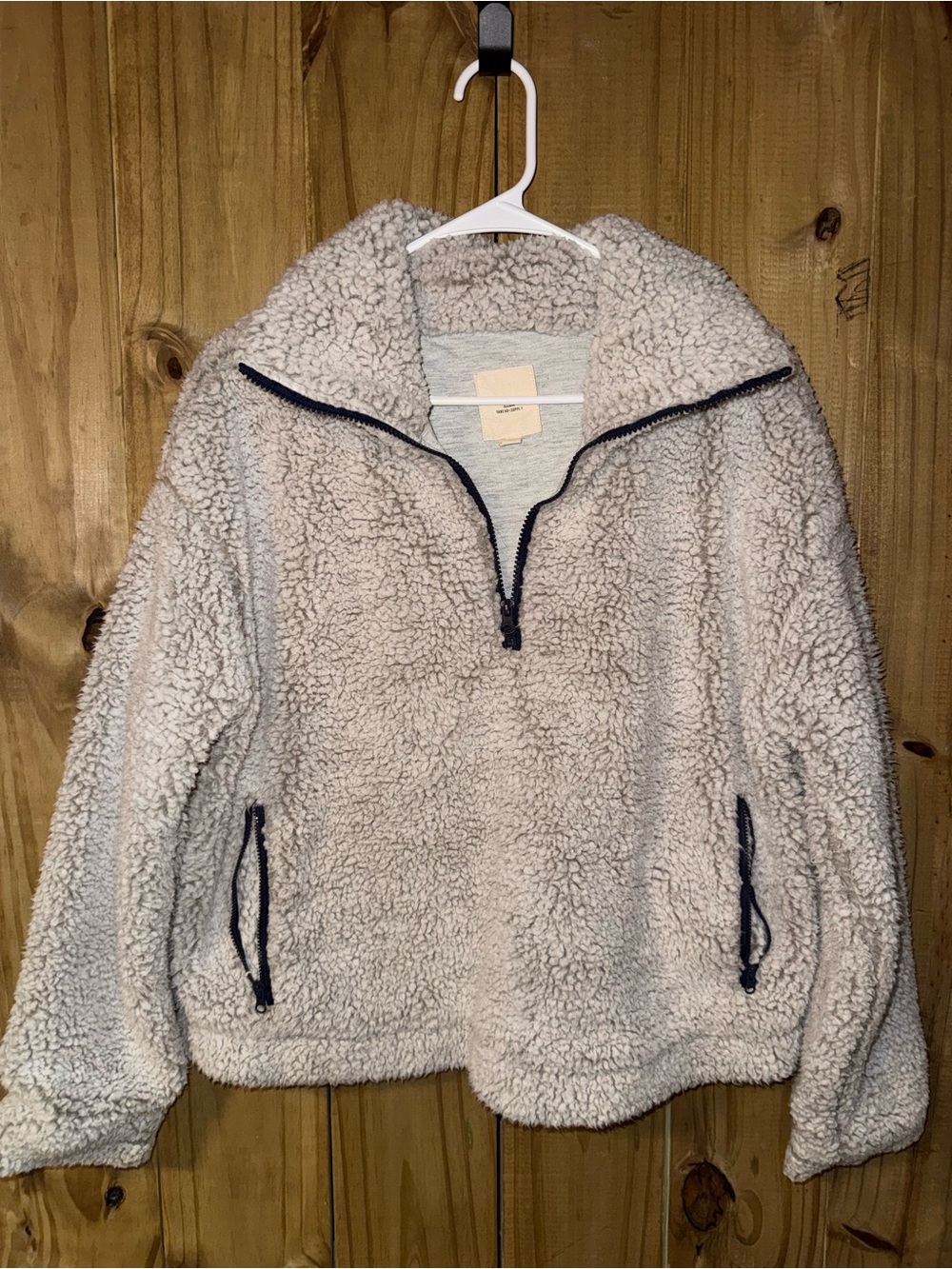 Thread & Supply Cream Sherpa Quarter-Zip Kids Jacket with Navy Trim